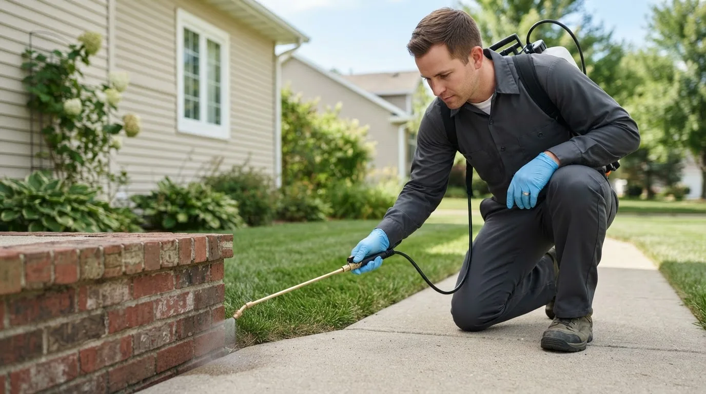 Pest control technician treating a home near Dayton, IA