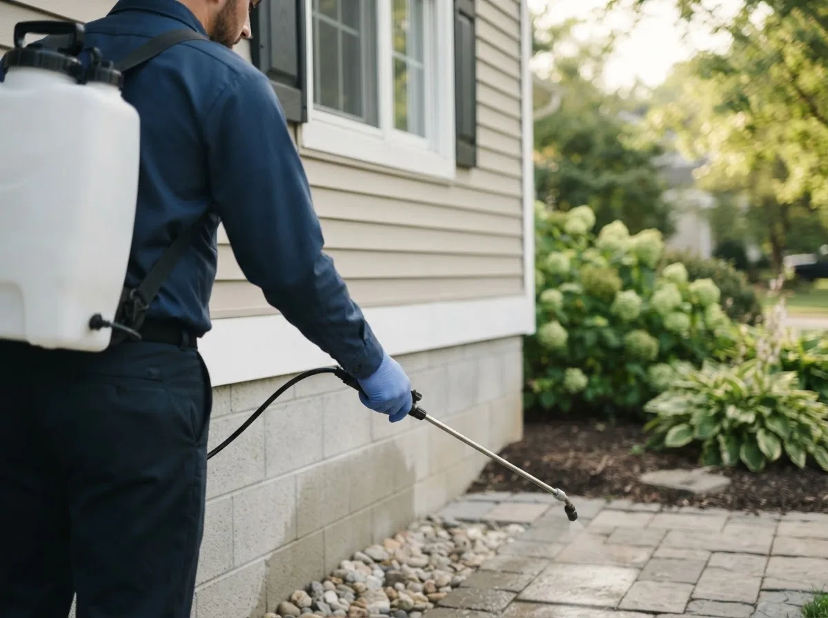 Pest control technician inspecting a home in Dayton, IA
